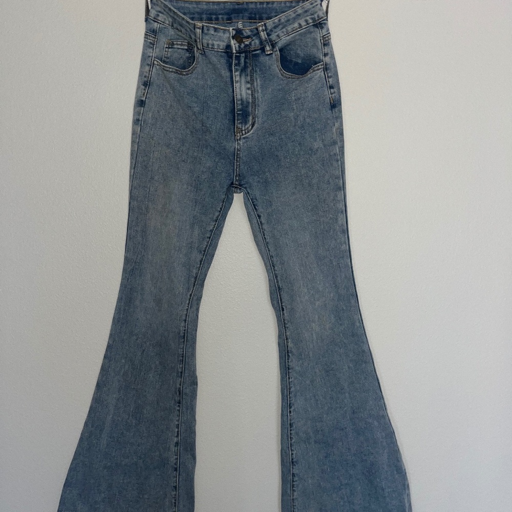 Blue high-waisted flared jeans